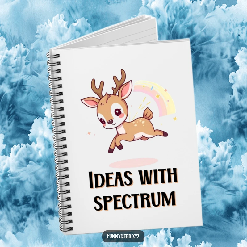 Funny Kawaii Deer Notebook: A kawaii deer playfully chases a shimmering rainbow fragment, inspiring creative writing.