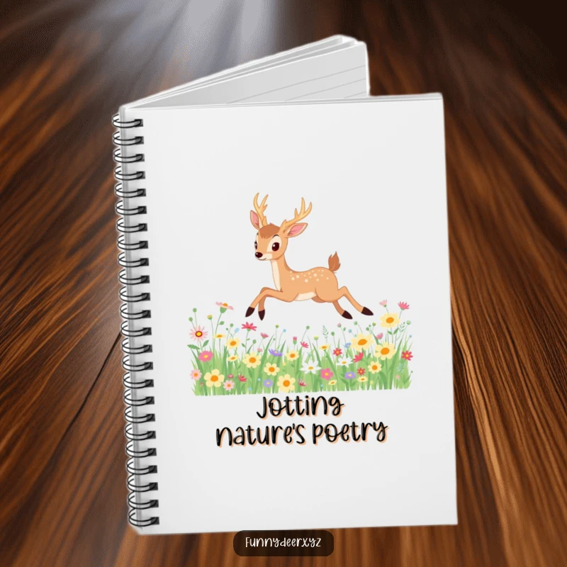 Funny Kawaii Deer Notebook: Features a minimalist kawaii deer elegantly leaping through a field of wildflowers, perfect for notes.