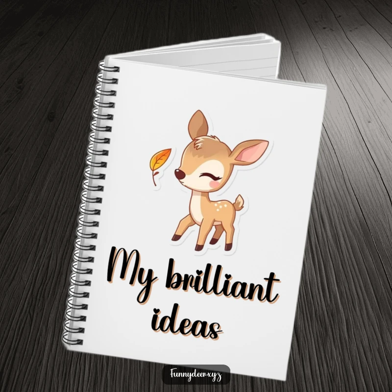 Funny Winking Deer Notebook, cover shows a winking deer and a leaf, perfect for humorous note-taking.
