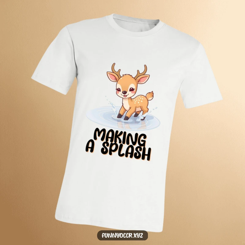 Funny Joyful Deer T-Shirt, a deer gleefully splashes in a puddle, perfect for happy humor.