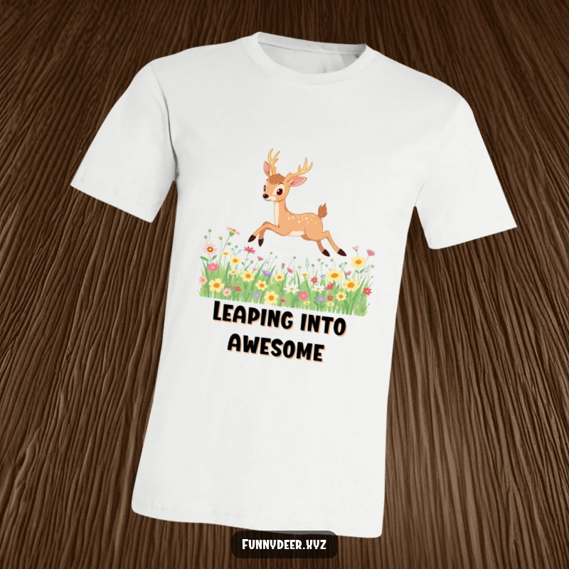 Funny Kawaii Deer T-Shirt: A kawaii deer elegantly leaps through a field of colorful wildflowers, radiating peace and joy.