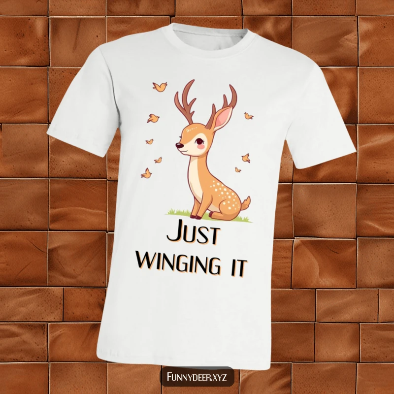 Funny Smiling Deer T-Shirt, featuring a smiling deer observing tiny birds, perfect for peaceful humor.