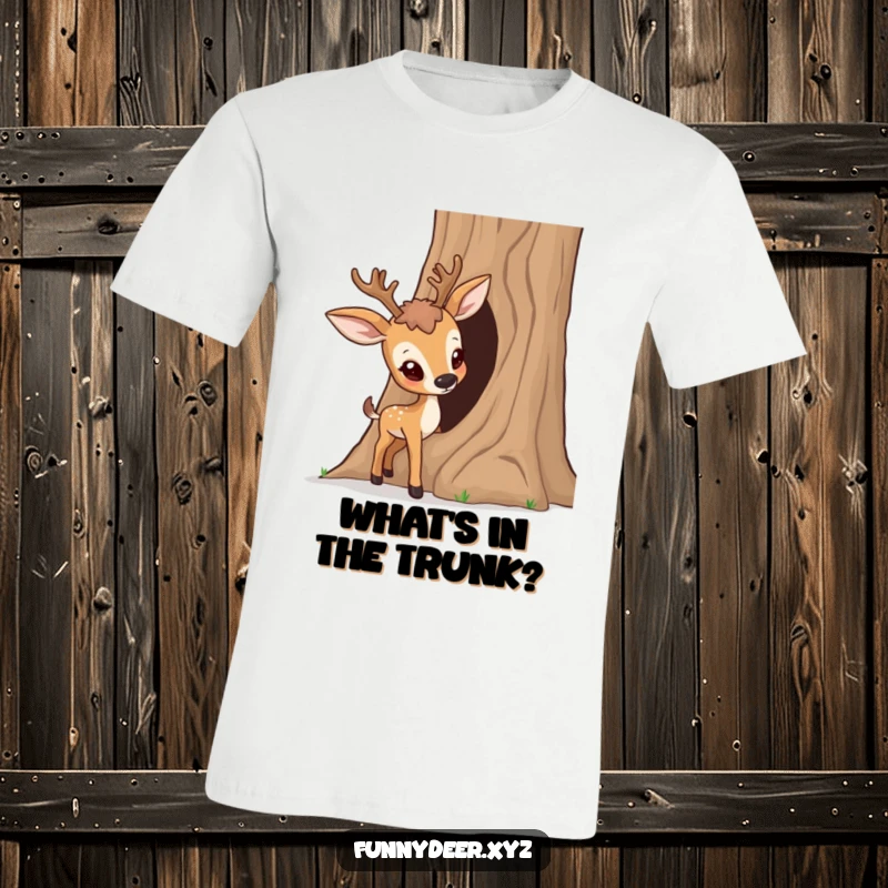 Funny Curious Deer T-Shirt, a deer pokes its nose into a hollow tree, perfect for curious minds.