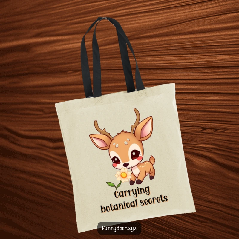 Funny Kawaii Deer Tote Bag: A wide-eyed kawaii deer curiously sniffs a magical glowing flower, a functional and funny accessory.