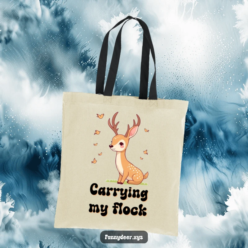 Funny Smiling Deer Tote Bag, a smiling deer observes tiny birds, perfect for serene shopping.