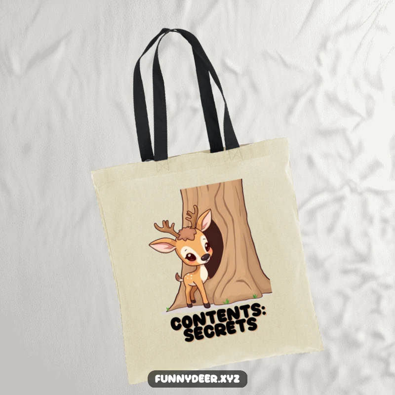 Funny Curious Deer Tote Bag, a deer curiously checks a hollow tree trunk, perfect for adventurous shoppers.