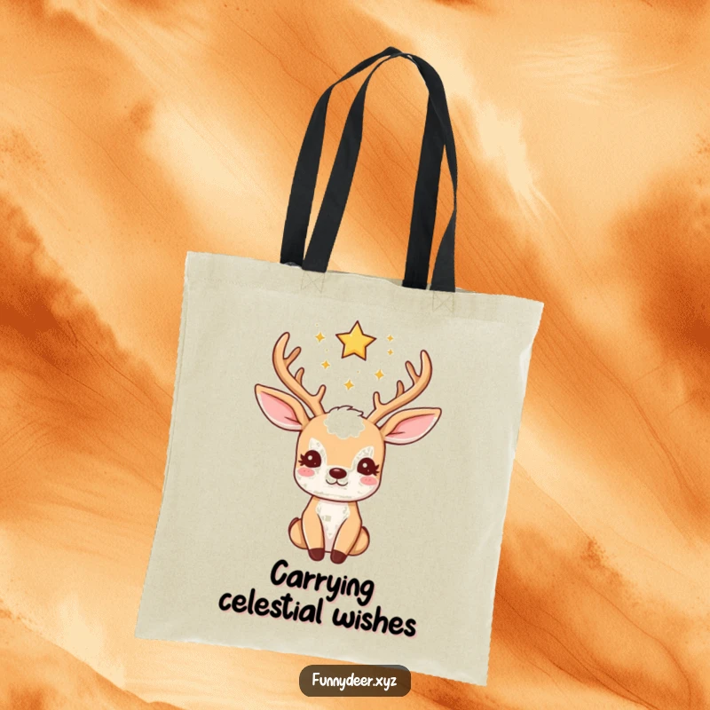 Funny Kawaii Deer Tote Bag: A kawaii deer with star-adorned antlers gazing upwards; perfect for cosmic dreams and funny gifting.