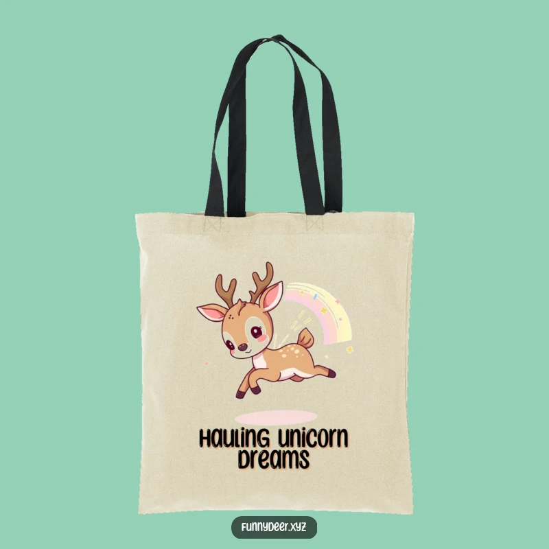 Funny Kawaii Deer Tote Bag: Rainbow Chaser, Playful Carryall, Hilarious Gift